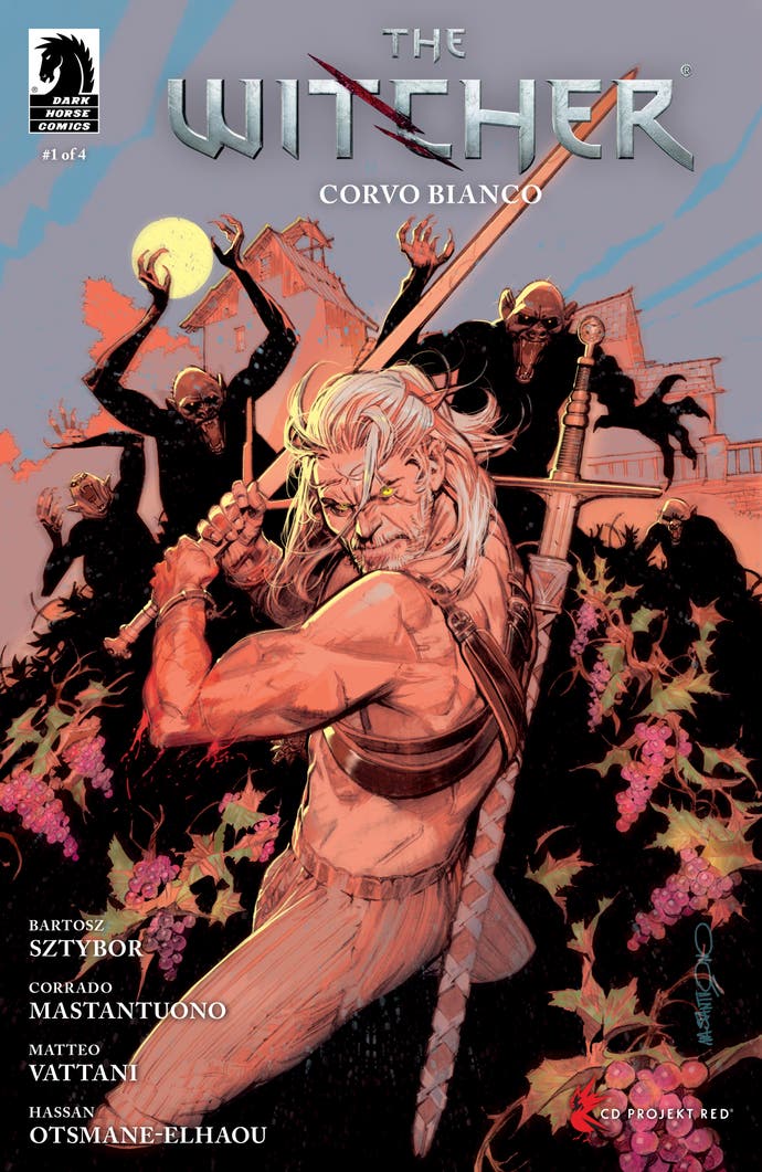 Geralt sans chemise combat ses ennemis sur la couverture de la bande dessinée The Witcher Corvo Bianco