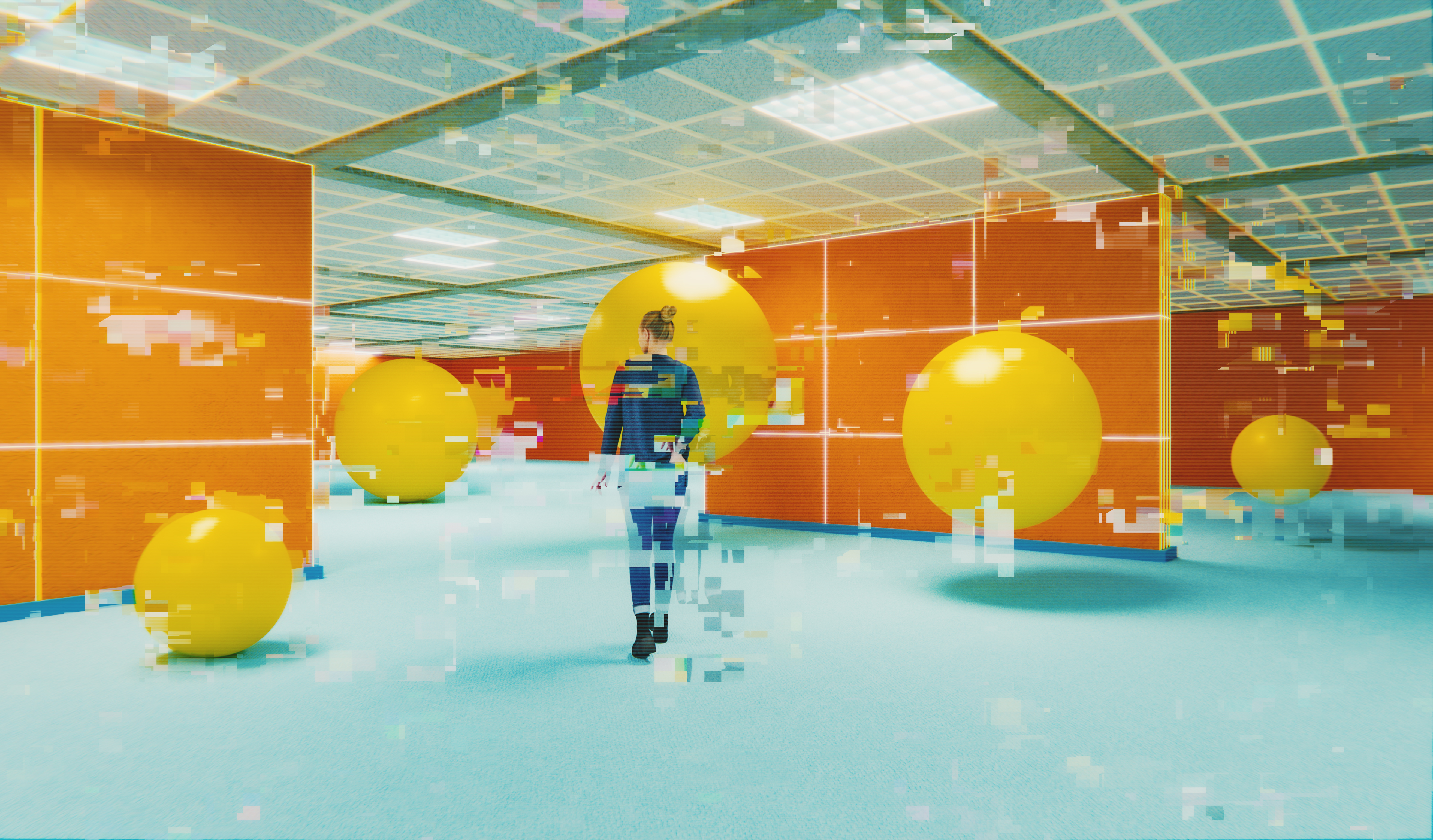 Rendu glitch d'une femme décontractée marchant dans un bureau rétro souterrain surréaliste.  Image générée en 3D.