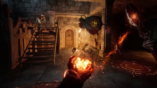 Dungeonborne - Le joueur invoque un sort de feu dans sa main alors que divers monstres l'entourent dans une pièce en pierre.