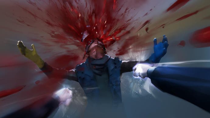 Une image promotionnelle pour Vampire: The Masquerade - Bloodlines 2 montrant du sang jaillissant de la tête d'un ennemi sous le regard du joueur à la première personne.