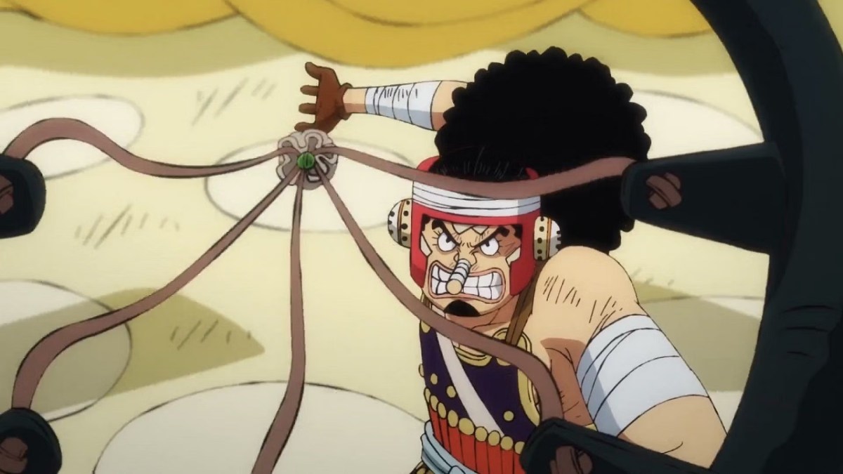 Usopp est sur le point de tirer.  Cette image fait partie d'un article sur tous les principaux acteurs du doublage anglais et la liste des acteurs de One Piece.