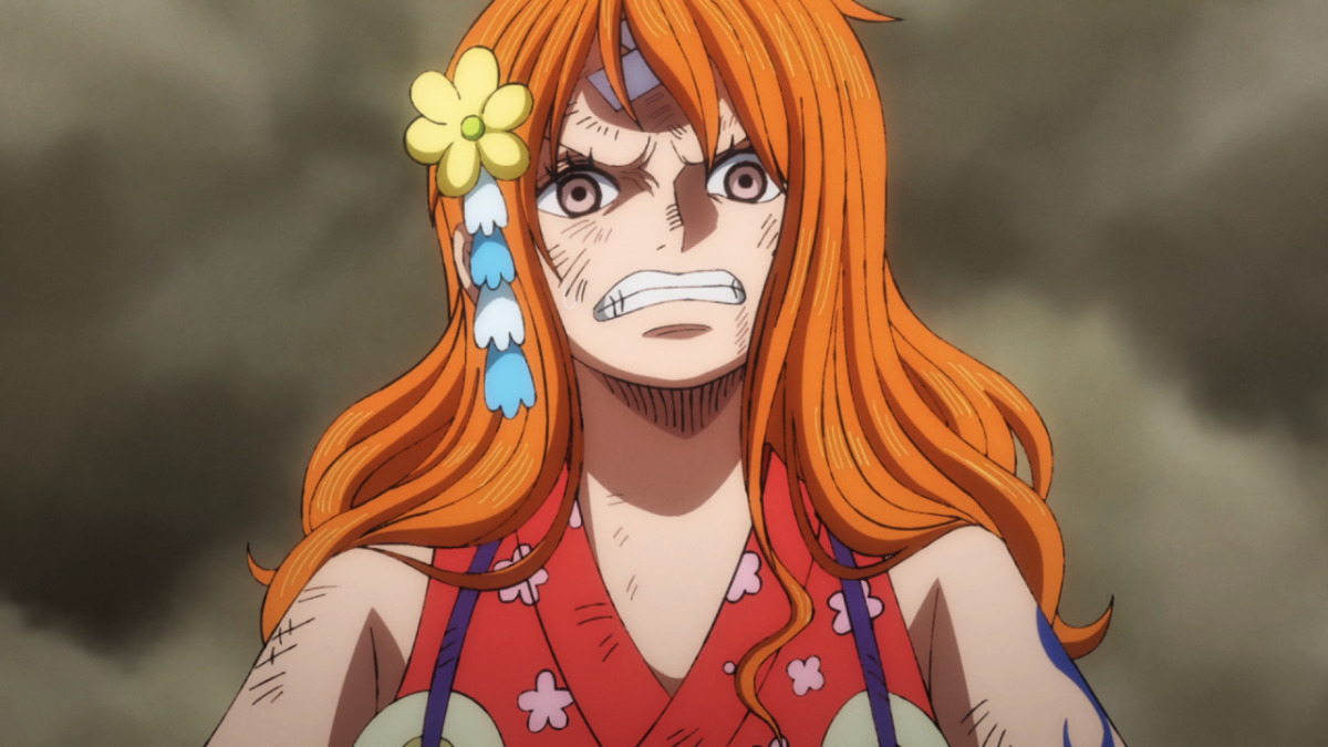 Nami a l'air en colère.  Cette image fait partie d'un article sur tous les principaux acteurs du doublage anglais et la liste des acteurs de One Piece.