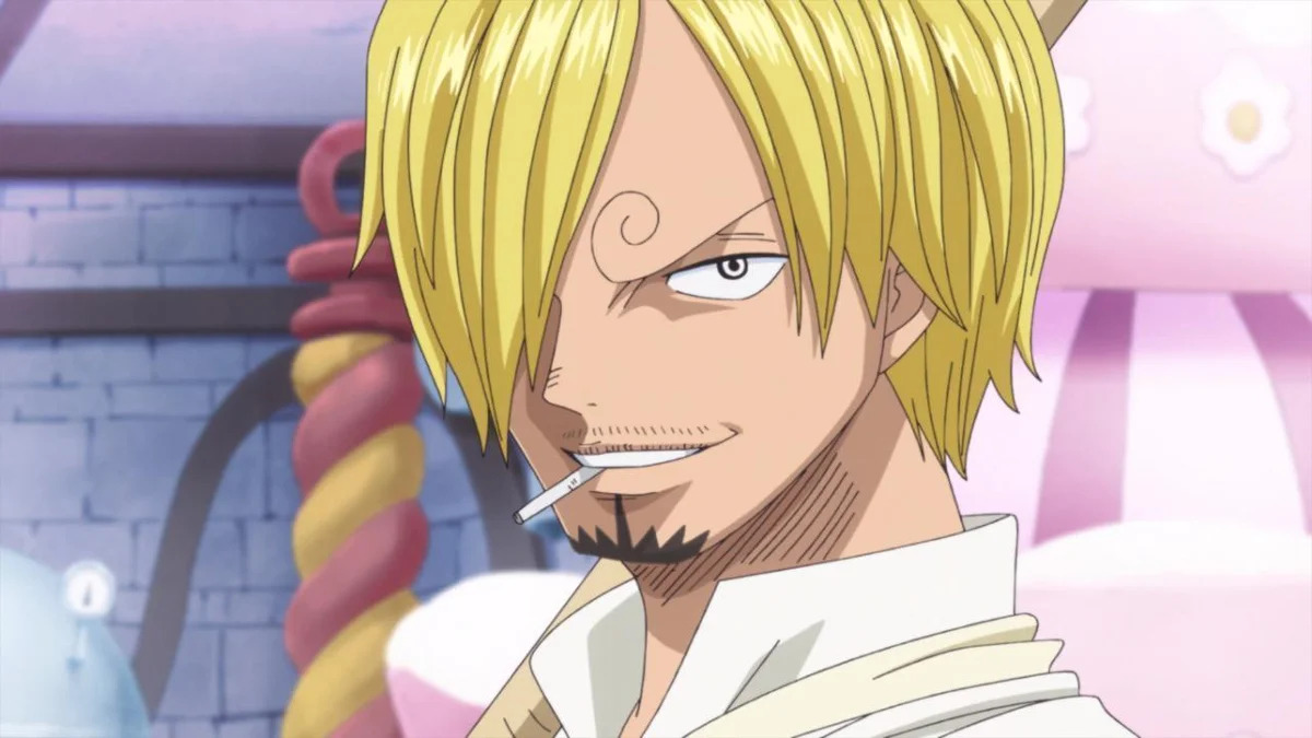 Sanji sourit.  Cette image fait partie d'un article sur tous les principaux acteurs du doublage anglais et la liste des acteurs de One Piece.