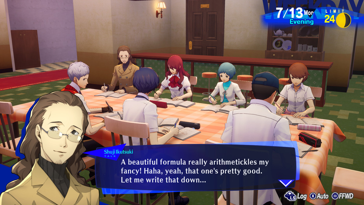 Des lycéens et des enseignants discutent à une table de réunion scolaire dans Persona 3 Reload