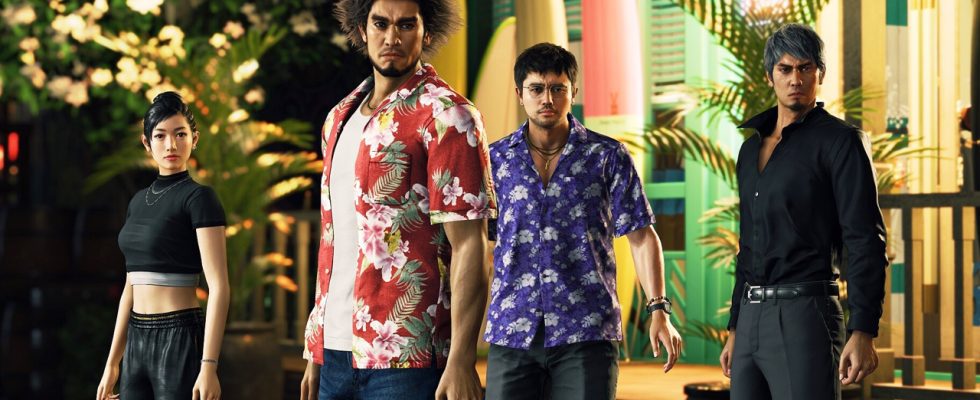 Four characters standing next to each other, two dressed in Hawaiian shirts.