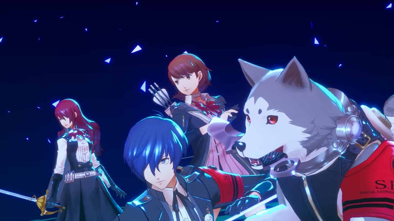 Persona 3 Reload - Un groupe de personnages avec des épées et un chien fidèle dans Persona 3 Reload.  Image capturée par VideoGamer.