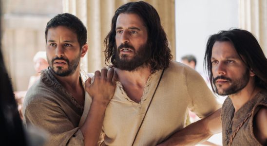 Alaa Safi as Simon the Zealot, Jonathan Roumie as Jesus, and Shahar Isaac as Simon Peter in