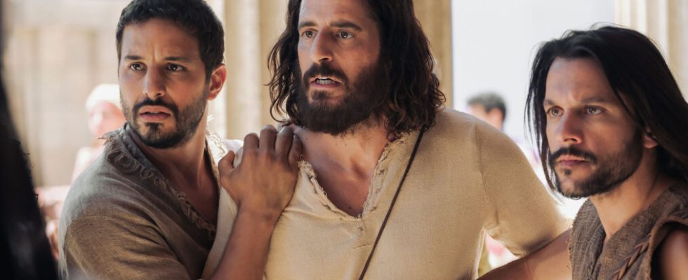 Alaa Safi as Simon the Zealot, Jonathan Roumie as Jesus, and Shahar Isaac as Simon Peter in