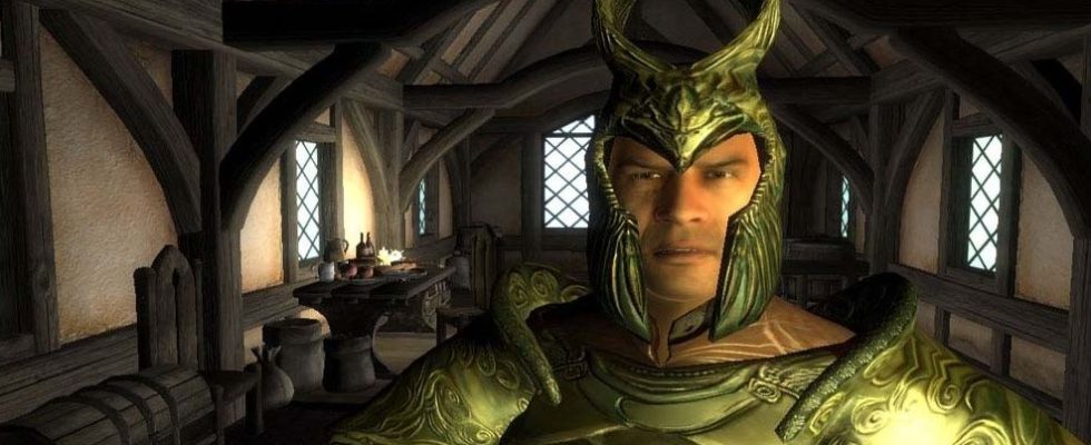 A man in armour snarls at the camera in The Elder Scrolls 4: Oblivion.