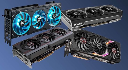 A collage of Radeon RX 7900 XT graphics cards from ASRock, Powercolor, Sapphire, and XFX