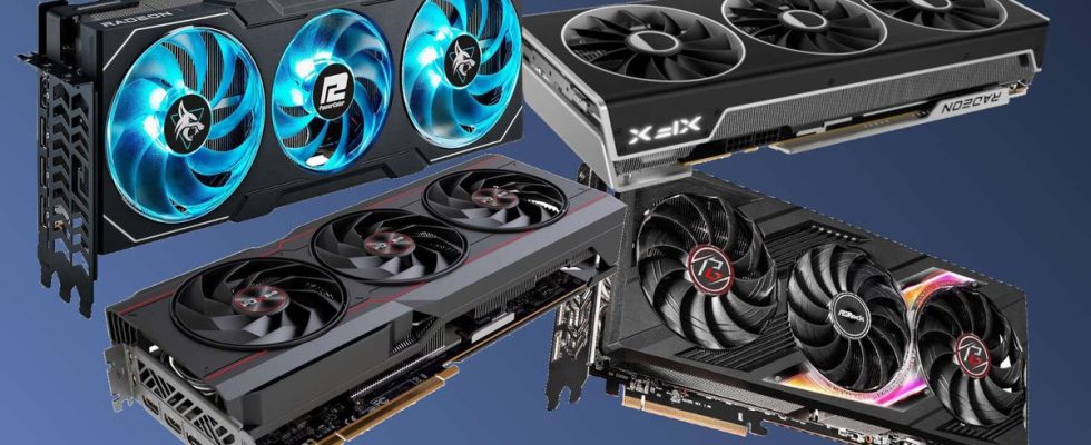 A collage of Radeon RX 7900 XT graphics cards from ASRock, Powercolor, Sapphire, and XFX