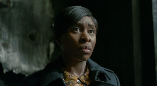 Cynthia Erivo in a concrete room with a look of worry in Luther: The Fallen Sun.
