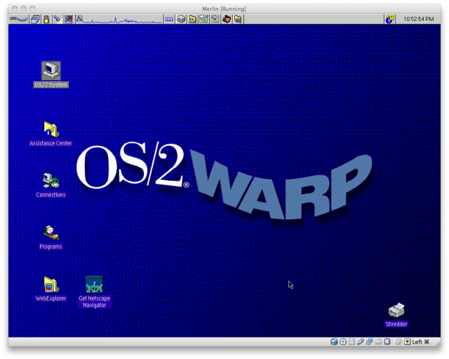 La dernière version majeure d'IBM d'OS/2, Warp version 4.0, telle qu'elle apparaît exécutée dans un émulateur.