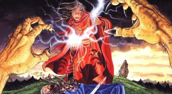A wizard summons lightning while standing over a fallen warrior