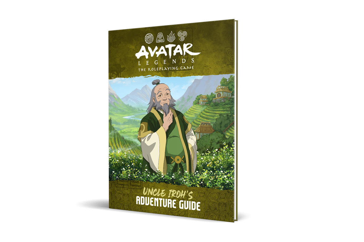 Une maquette du Guide d'aventure de l'oncle Iroh, un livre source d'Avatar Legends : Le jeu de rôle, mettant en vedette l'oncle Iroh caressant sa barbe dans un champ de jasmin sur la couverture. 