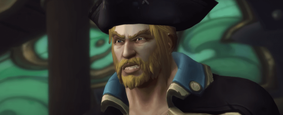 A very upset admiral from World of Warcraft: Battle for Azeroth bares a grimace.