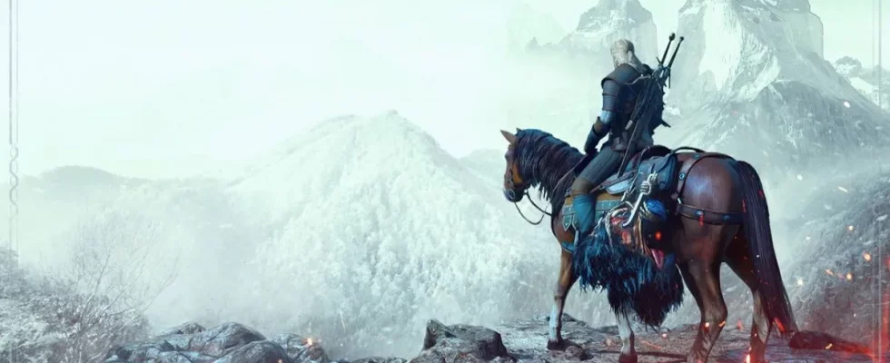 The Witcher 3: Geralt riding a horse as he looks out into a foggy valley.