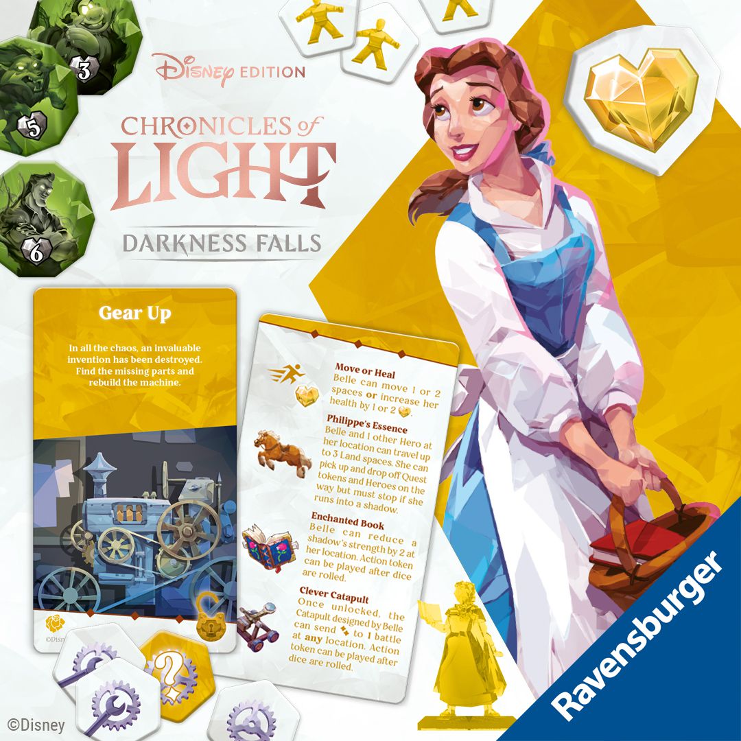 Une illustration de Belle, comprenant une petite figurine d'elle et une carte détaillant certaines des actions qu'elle peut entreprendre dans le jeu. 