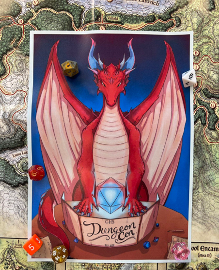 Affiche D&D avec un dragon et des dés