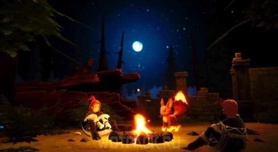 A group of players sitting around a campfire in Palworld. This image is part of an article about how and where to catch Digtoise in Palworld.