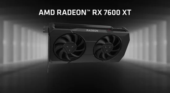 AMD: the new RX Radeon 7600 XT graphics card on a gray background.