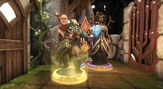 Demeo screenshot - two fantasy characters, a fighter and a mage, on a VR game board