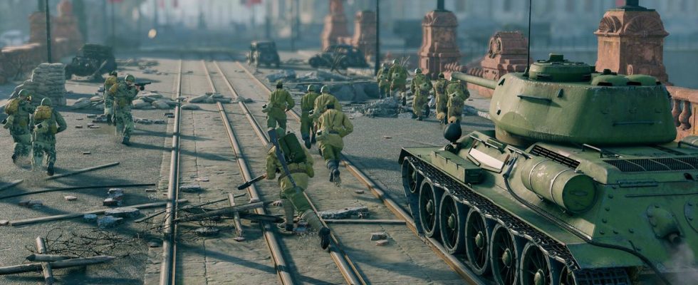 A screenshot of World War 2 soviet soldiers crossing a bridge with a tank from shooter Enlisted.