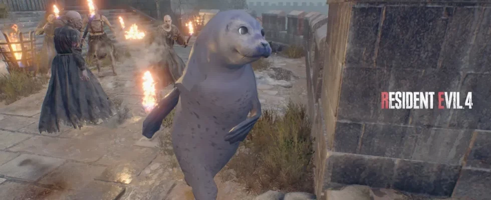 Resident Evil 4 Remake: a harbor seal running away from some of the castle enemies.