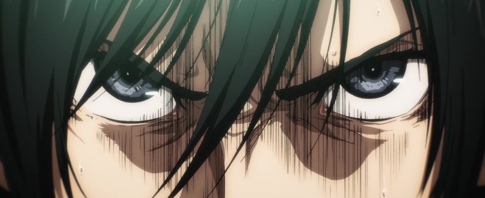 Mikasa looking angry. This image is part of an article about Attack on Titan's Final Season Ending, Explained.
