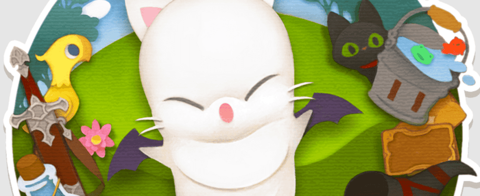 An image of a cute moogle in Final Fantasy 14, posed on a sticker featuring various other characters to advertise the Moogle tomestone event.