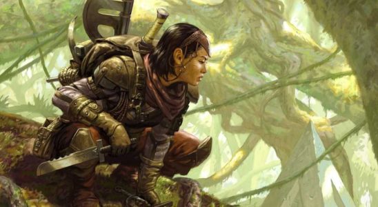 A DnD Ranger crouches in the upper boughs of a tree