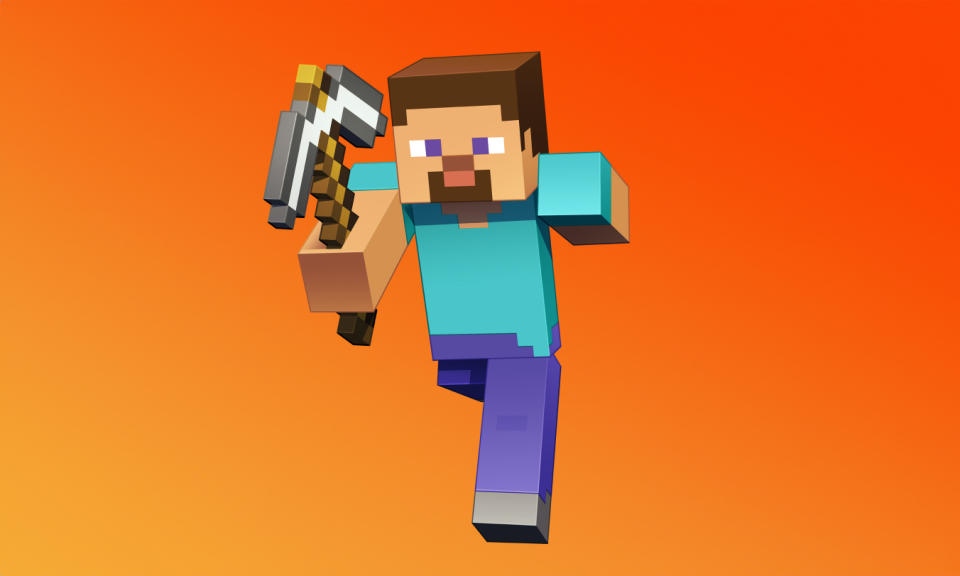 Image du personnage Steve (graphiques en blocs et rudimentaires) de Minecraft devant un fond dégradé orange.