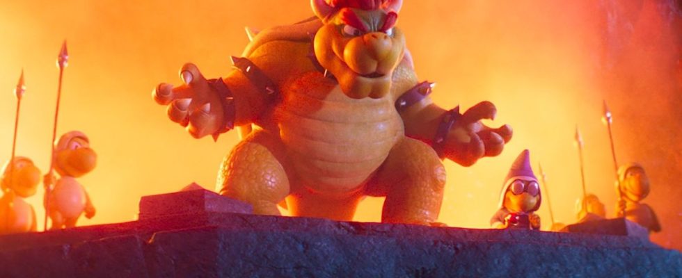 Bowser surrounded by minions and fire in The Super Mario Bros. Movie