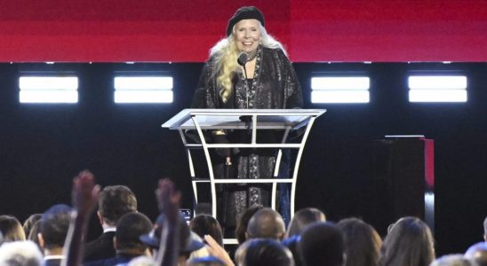 Joni Mitchell speaks onstage at the 31st Annual MusiCares Person of the Year Gala held at the MGM Grand Conference Center on April 1st, 2022 in Las Vegas, Nevada.