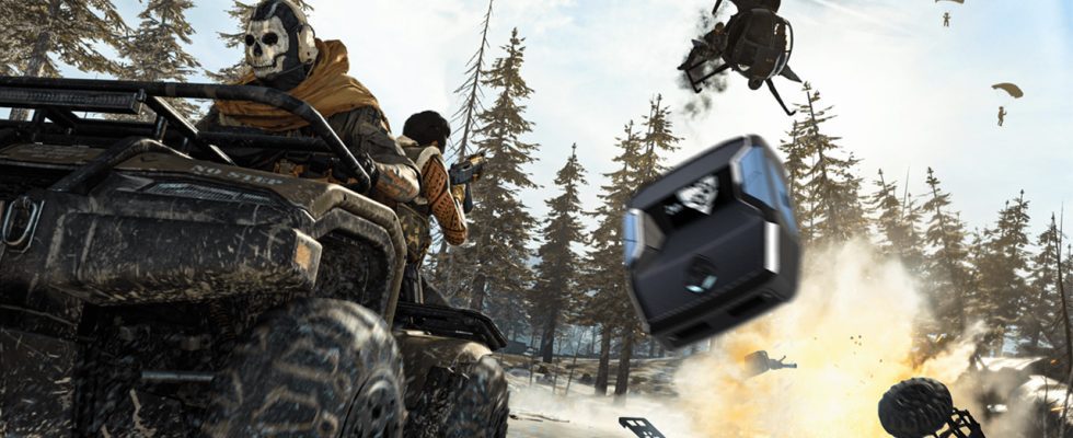 An ATV racing away from an explosion, with a blurred Cronus Zen device flying out from the explosion. This image is part of an article about PS5 blocking a popular MW3 and Warzone cheating hardware.