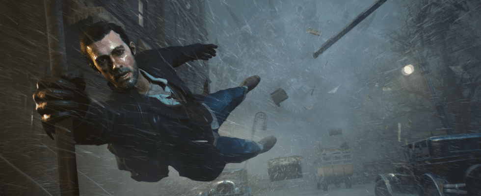 The Sinking City screenshot - man holding onto a pole in a windstorm