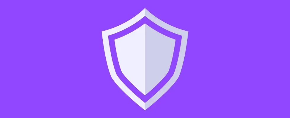 Twitch: a shield logo on a bright, purple background.