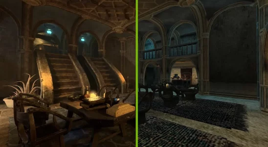 Nvidia RTX: screenshot from Morrowind showing an interior before and after RTX is on.