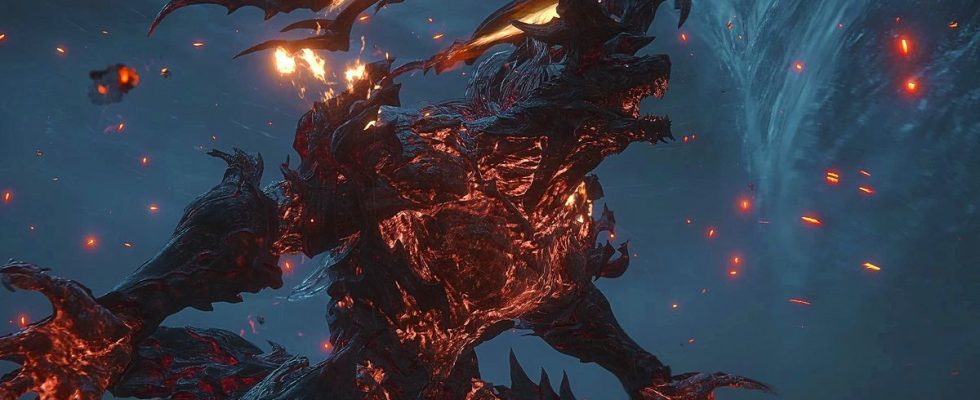 Ifrit from Final Fantasy 16 stands against a backdrop of water