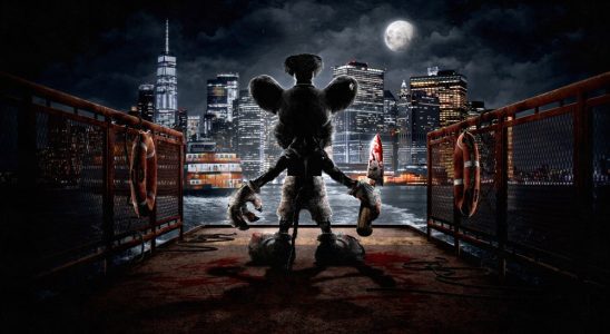 A mouse holding a bloody trowel stands on a pier looking at the water and the New York City skyline.