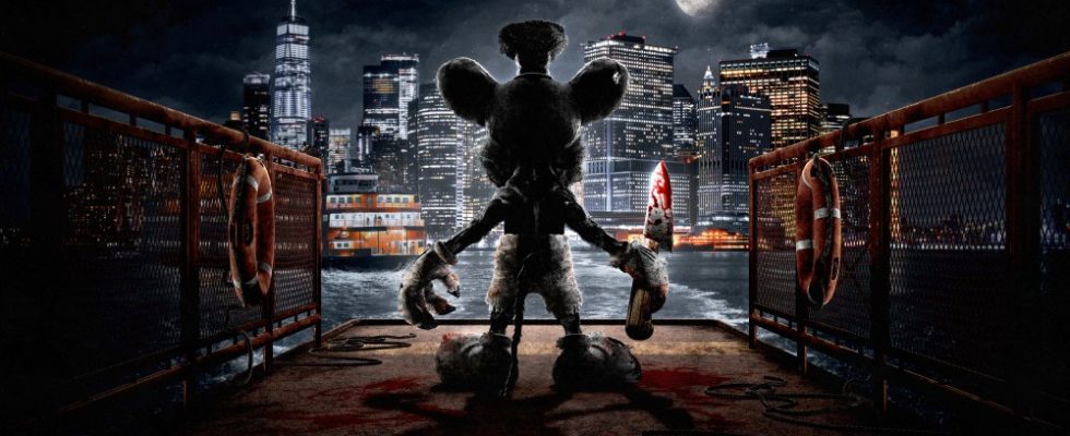 A mouse holding a bloody trowel stands on a pier looking at the water and the New York City skyline.