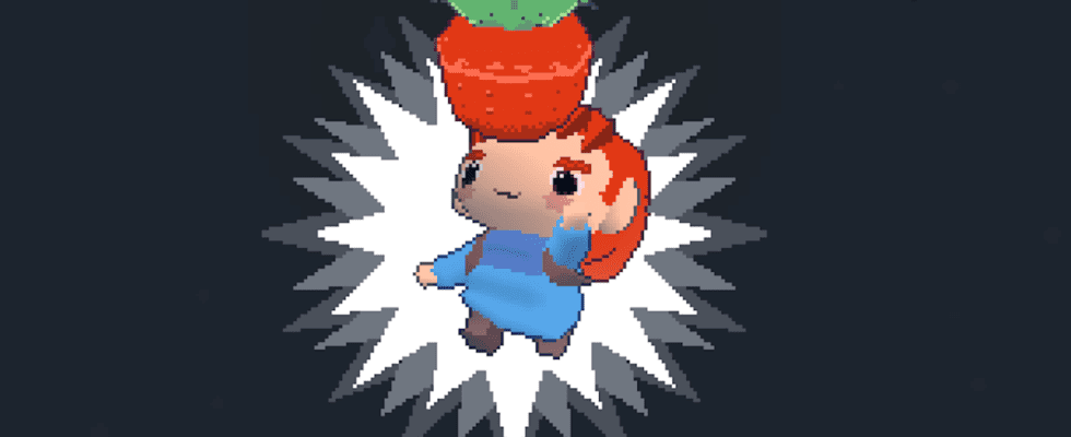 An image of a nintendo-64 styled Madeline, a young adventurous woman in a coat, celebrating her recent find of a strawberry in Celeste 64.