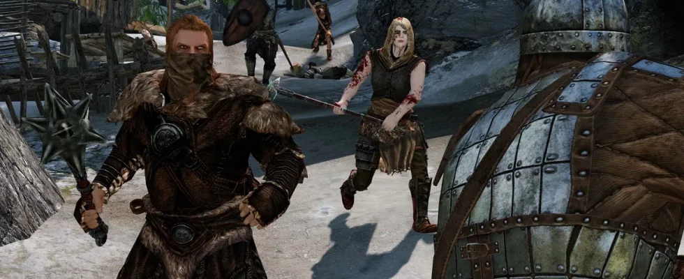 Skyrim: mean-looking warriors approaching the player, about to attack.