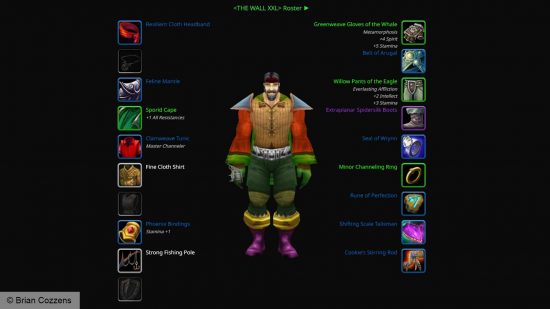 Une image d'un personnage 3D de World of Warcraft sur fond noir, entouré de son équipement