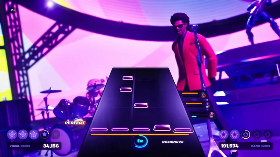 Capture d'écran marketing de Fortnite Festival, un jeu musical au sein de Fortnite.  Un avatar virtuel de The Weeknd chante sur scène alors qu'un minuteur rythmique est bien en évidence au centre.