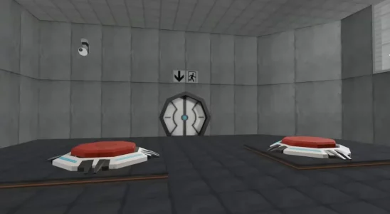 A Nintendo 64 version of Portal showing two buttons in a test chamber.