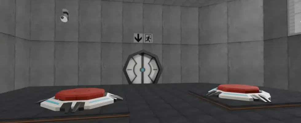 A Nintendo 64 version of Portal showing two buttons in a test chamber.