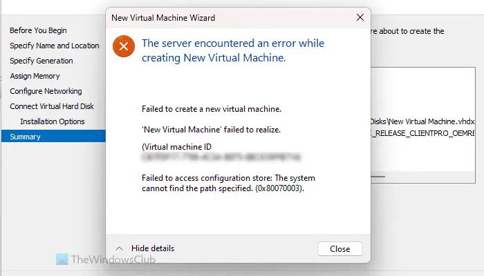 Le serveur a rencontré une erreur lors de la création d'une nouvelle machine virtuelle