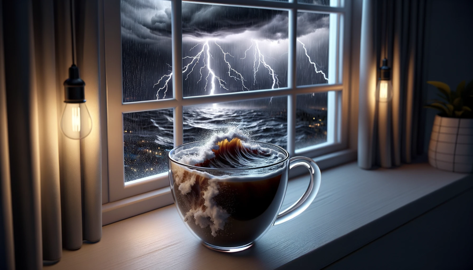 Image générée par l'IA d'une tasse de thé avec une violente vague à l'intérieur.  Une tempête gronde derrière le rebord de la fenêtre.
