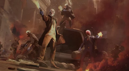 Payday 3: mask-wearing bank robbers stood at the back of a van as they fire guns off-screen.